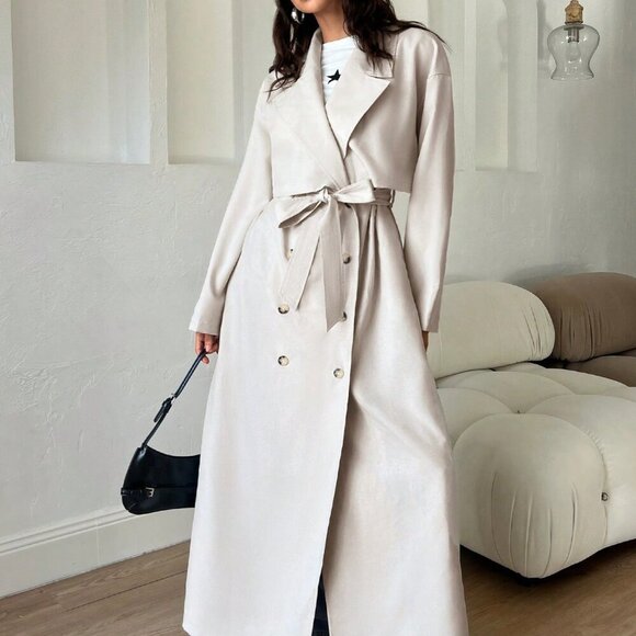 Apricot Elegant Women's Long Overcoat With Double-Breasted Buttons - Picture 4 of 7